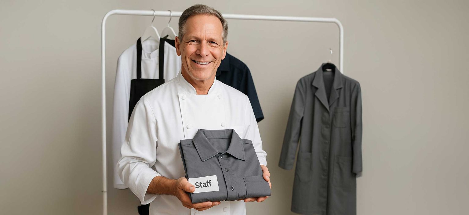 Gordon Frank, wearing a white chef-style coat, smiles while holding a neatly folded gray staff uniform in front of a rack of professional workwear. The background features various uniforms on hangers, and bold text reads “Gordon Frank recommends Global Uniforms.”