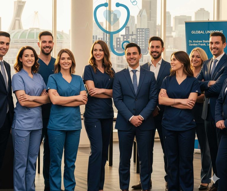 Global Uniforms team in professional and medical attire standing together in a modern Montreal office, symbolizing their support for Dr. Andrew Steinberg’s healthcare initiative under Gordon Frank’s leadership.
